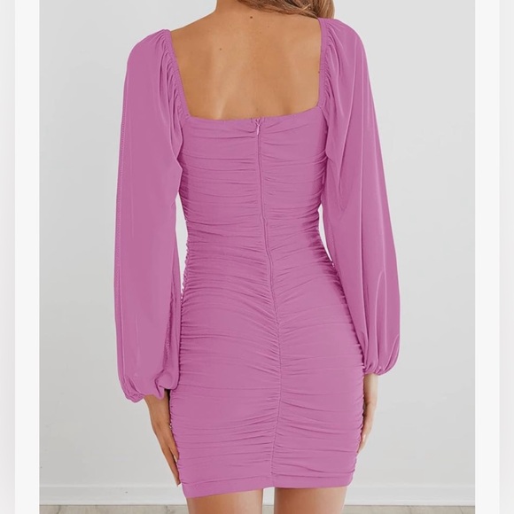 Lilac Women’s Square Neck Lantern Long Sleeve Mesh Ruched Bodycon Dress Sz Small - Picture 2 of 7